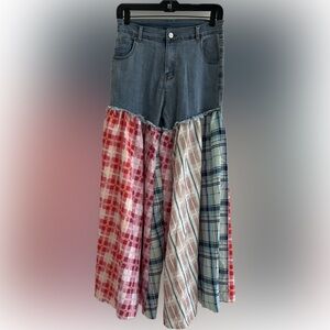 Festival Patchwork Denim Wide Leg Pants Small Boho Plaid S